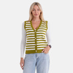 - Maisi Button Down Knitted Stripe Vest (Size 8 To 10) - Green - White