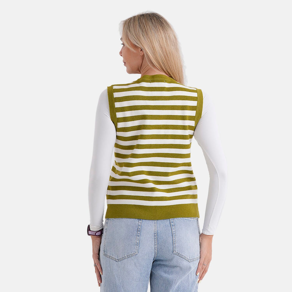 - Maisi Button Down Knitted Stripe Vest (Size 8 To 10) - Green - White