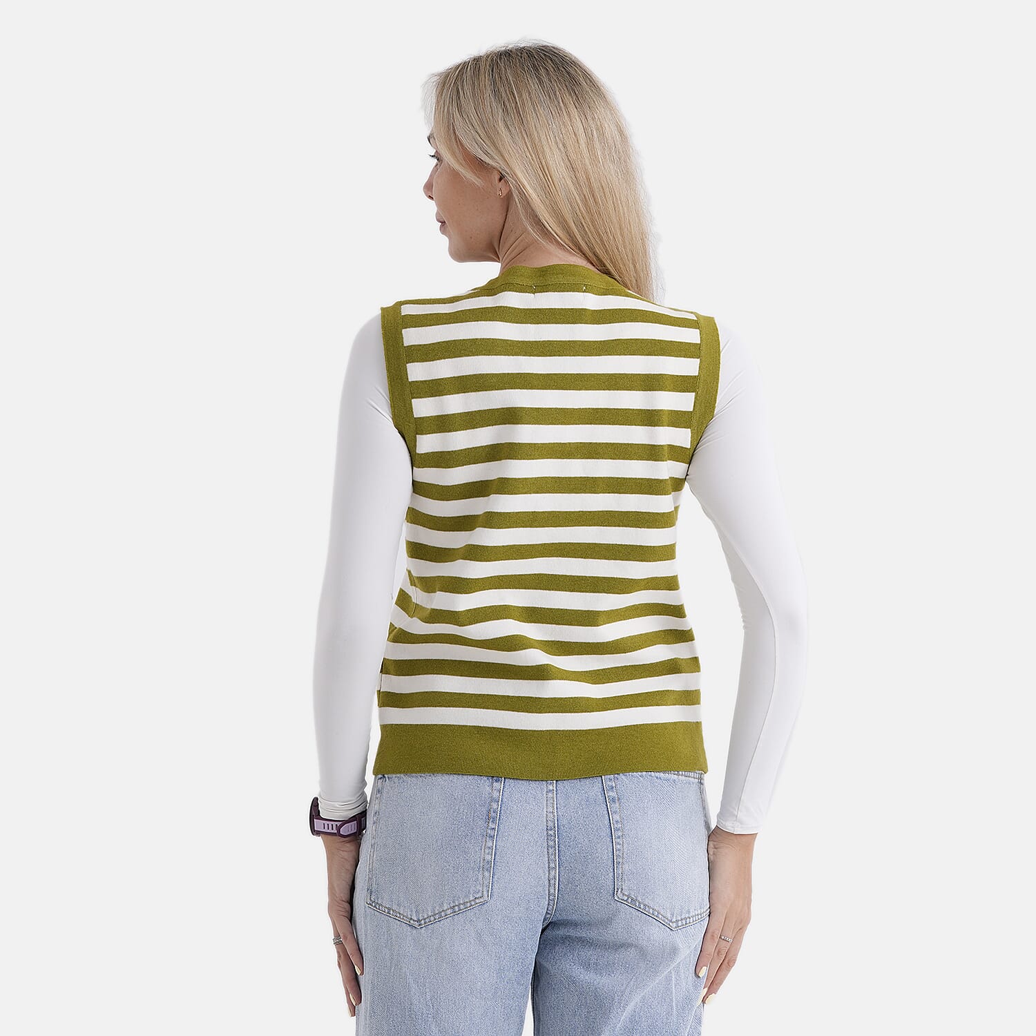- Maisi Button Down Knitted Stripe Vest (Size 8 To 10) - Green - White