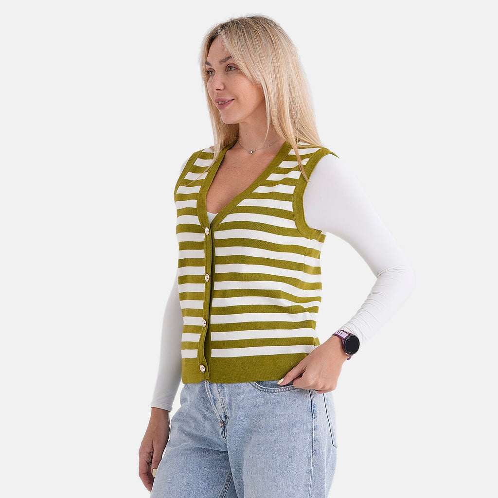 - Maisi Button Down Knitted Stripe Vest (Size 8 To 10) - Green - White