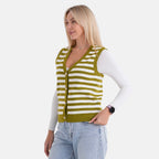 - Maisi Button Down Knitted Stripe Vest (Size 8 To 10) - Green - White