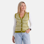 - Maisi Button Down Knitted Stripe Vest (Size 8 To 10) - Green - White