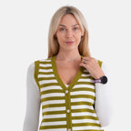 - Maisi Button Down Knitted Stripe Vest (Size 8 To 10) - Green - White
