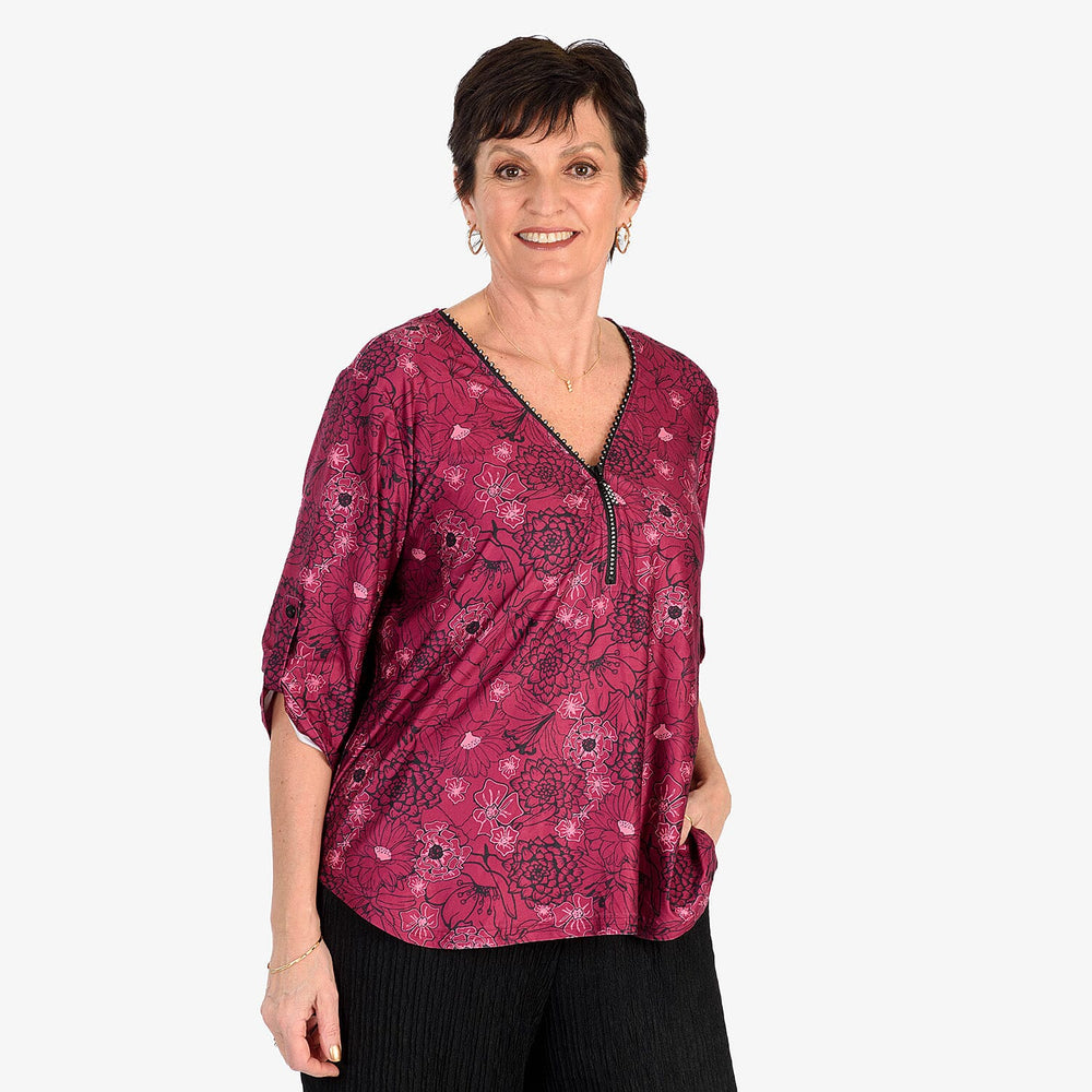 - Maisi Soft Touch Printed Diamontee Zip Blouse (Size L) - RED