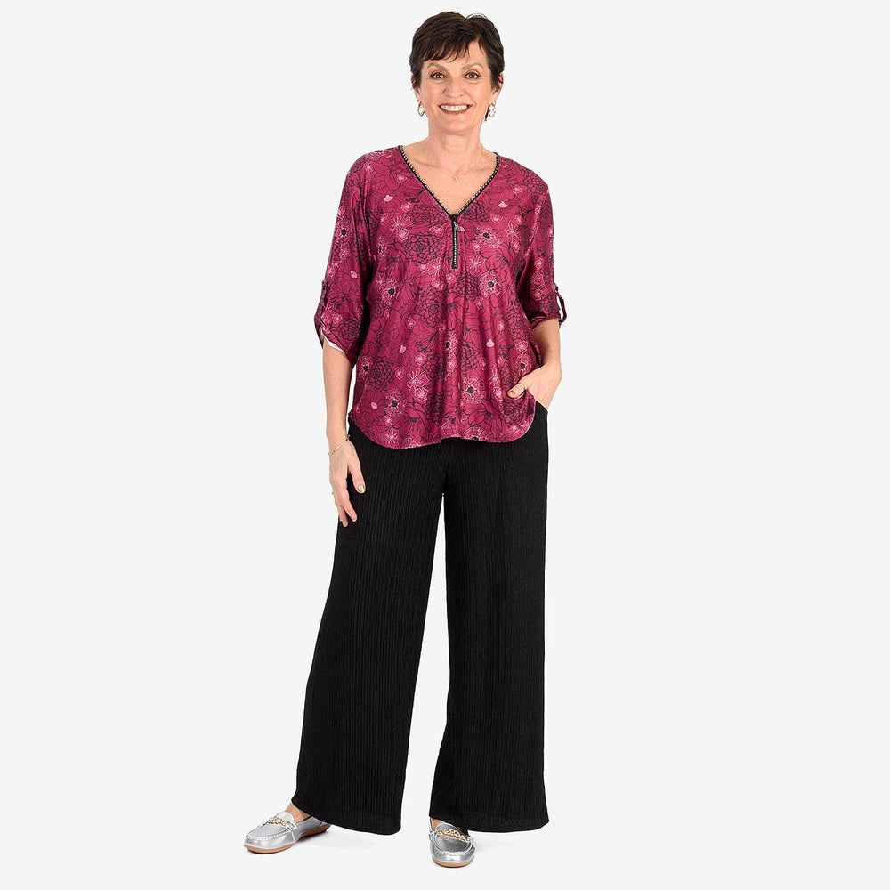 - Maisi Soft Touch Printed Diamontee Zip Blouse (Size L) - RED