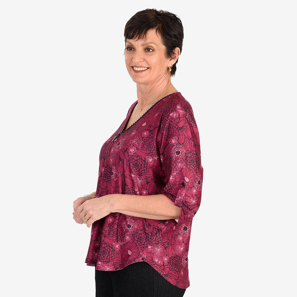 - Maisi Soft Touch Printed Diamontee Zip Blouse (Size L) - RED