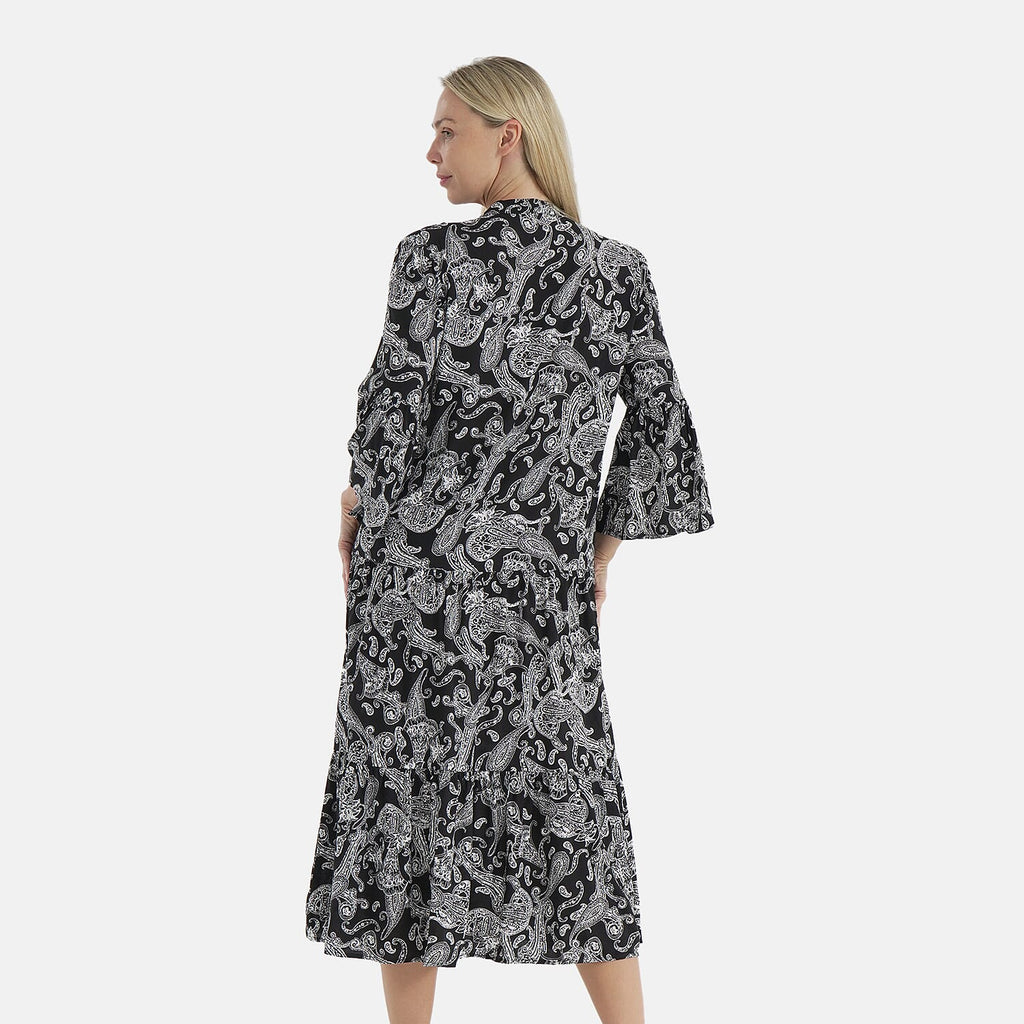 - Maisi Womens Abstract Bohemian Pattern V-Neck Midi Dress (Size - 10-12) - Black