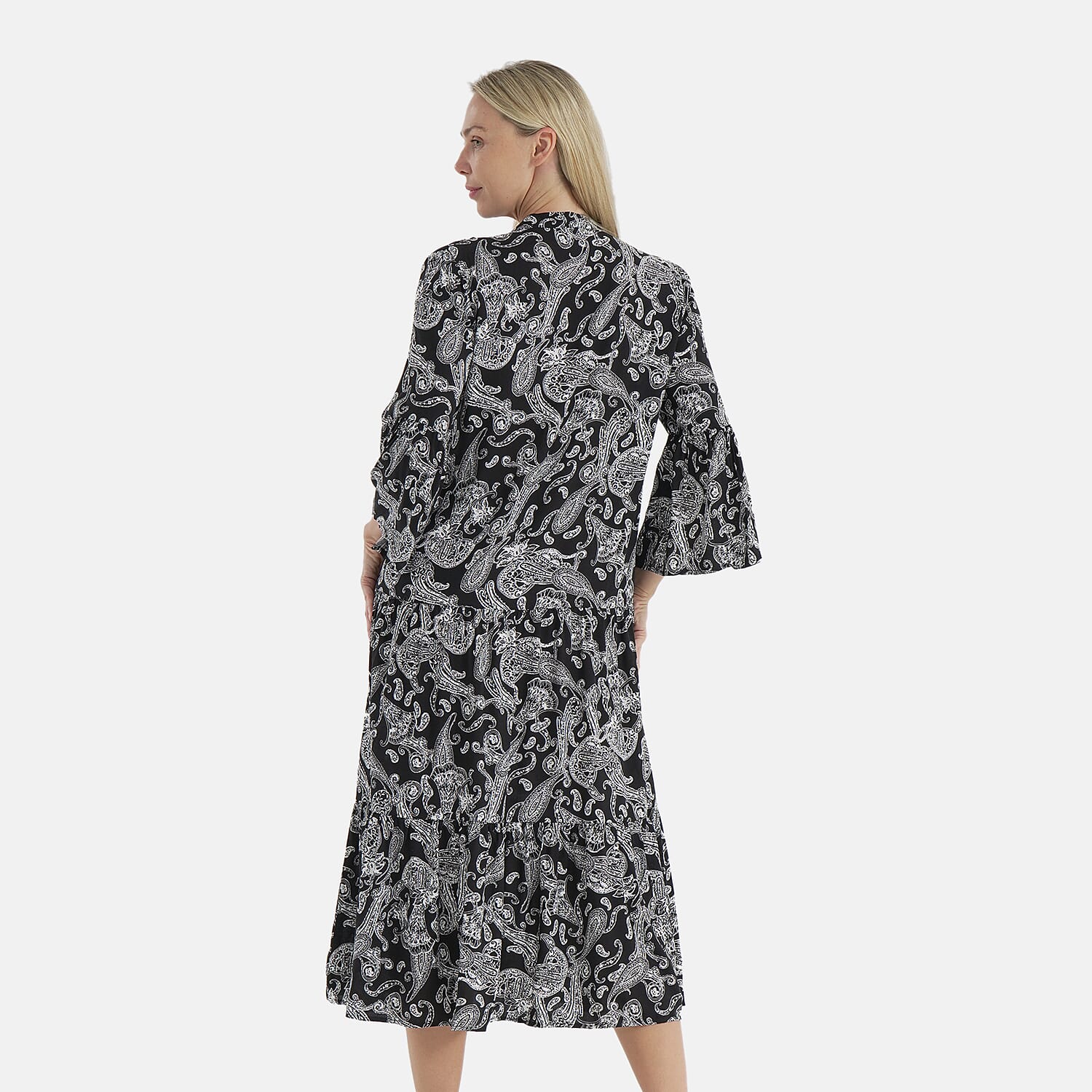 - Maisi Womens Abstract Bohemian Pattern V-Neck Midi Dress (Size - 10-12) - Black