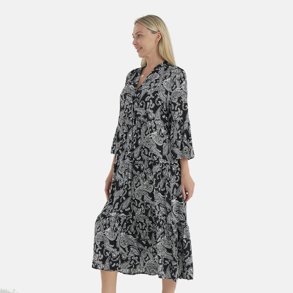 - Maisi Womens Abstract Bohemian Pattern V-Neck Midi Dress (Size - 10-12) - Black