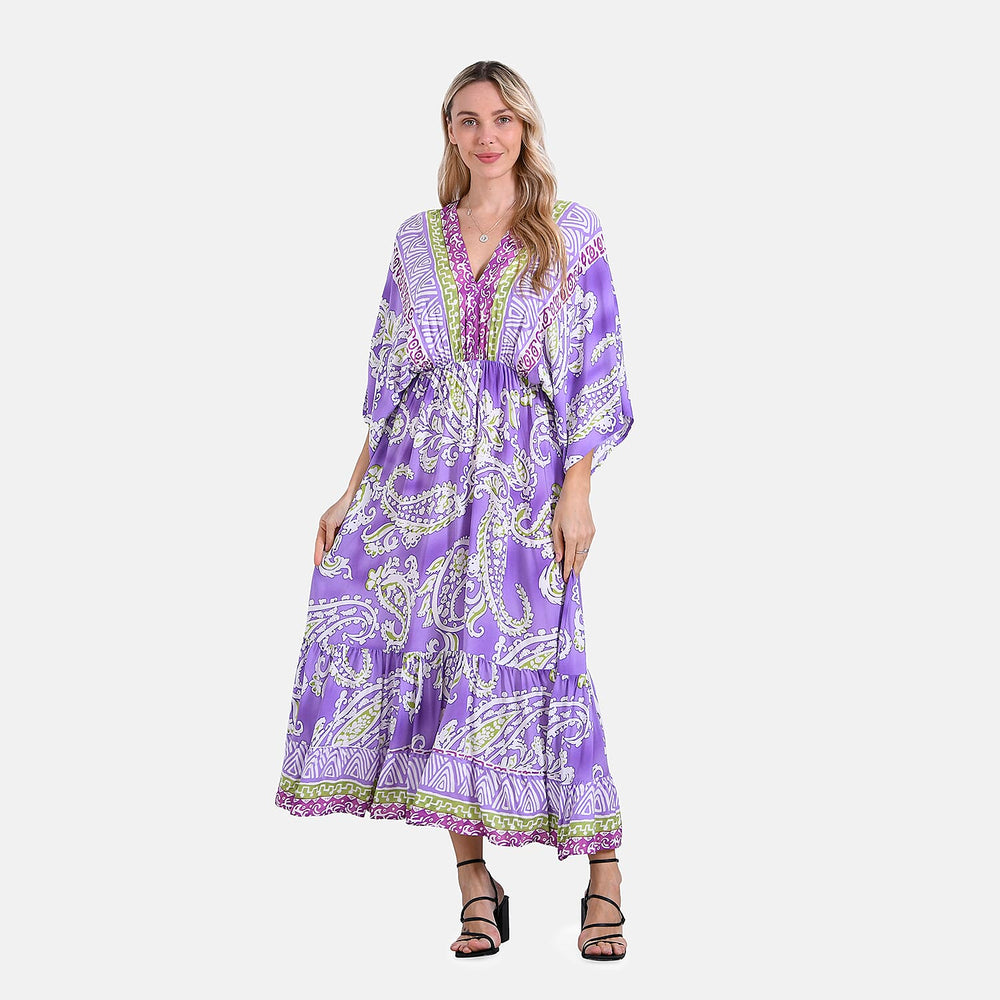 - Maisi Bohemian Paisley Mixed Print V-Neck Maxi Dress (One Size) - Light Purple