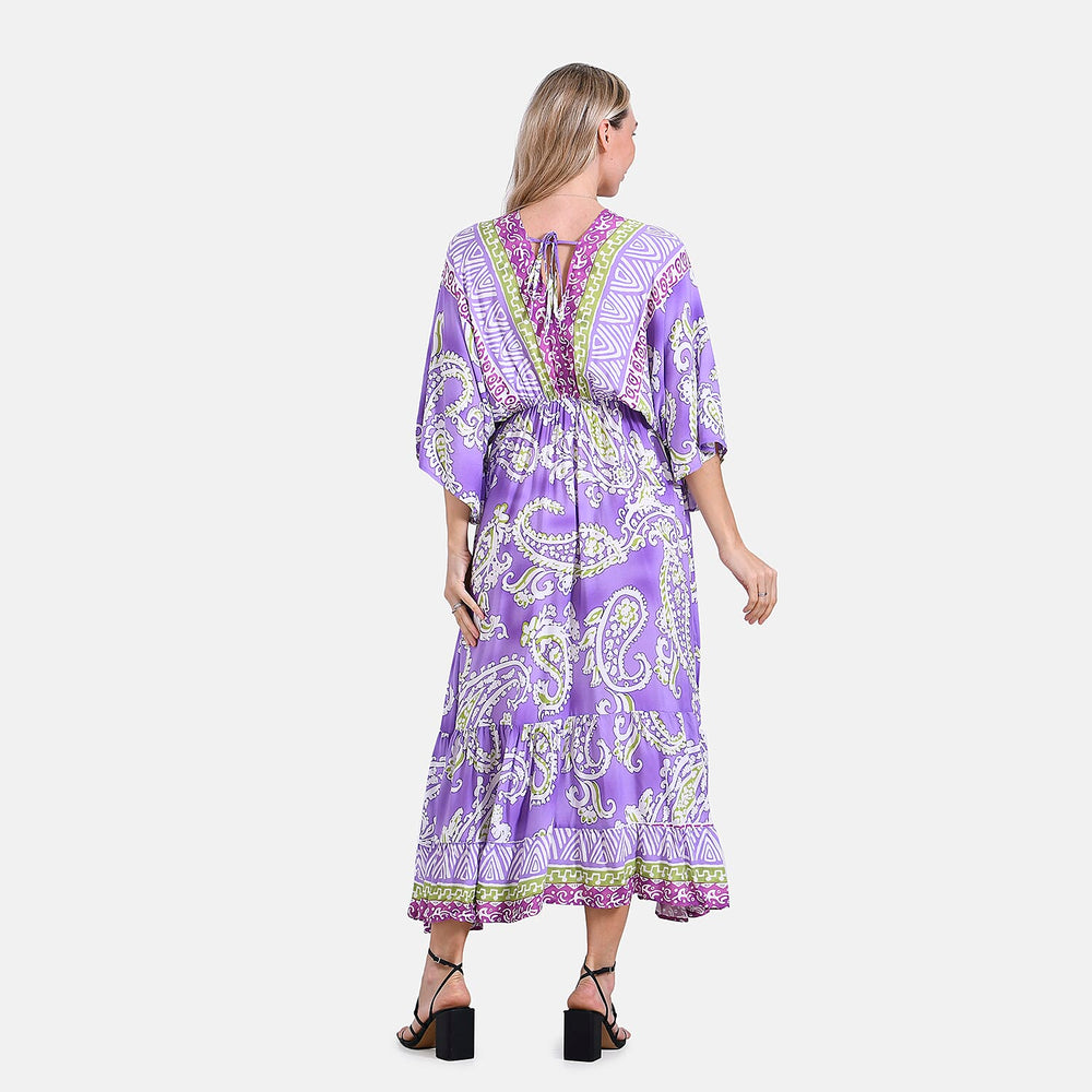 - Maisi Bohemian Paisley Mixed Print V-Neck Maxi Dress (One Size) - Light Purple