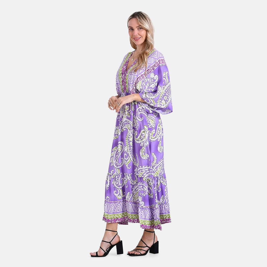- Maisi Bohemian Paisley Mixed Print V-Neck Maxi Dress (One Size) - Light Purple