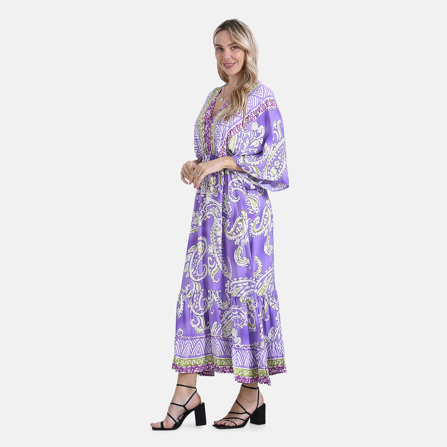 - Maisi Bohemian Paisley Mixed Print V-Neck Maxi Dress (One Size) - Light Purple
