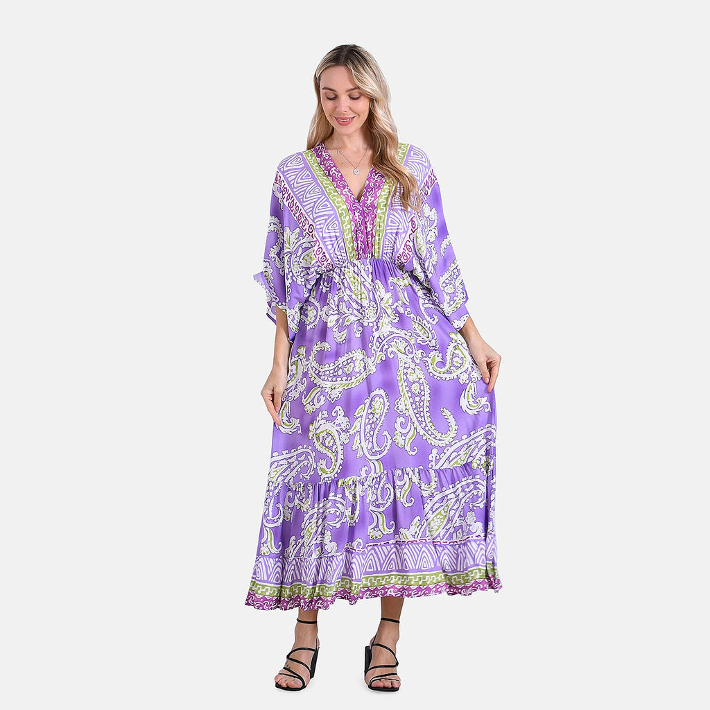 - Maisi Bohemian Paisley Mixed Print V-Neck Maxi Dress (One Size) - Light Purple