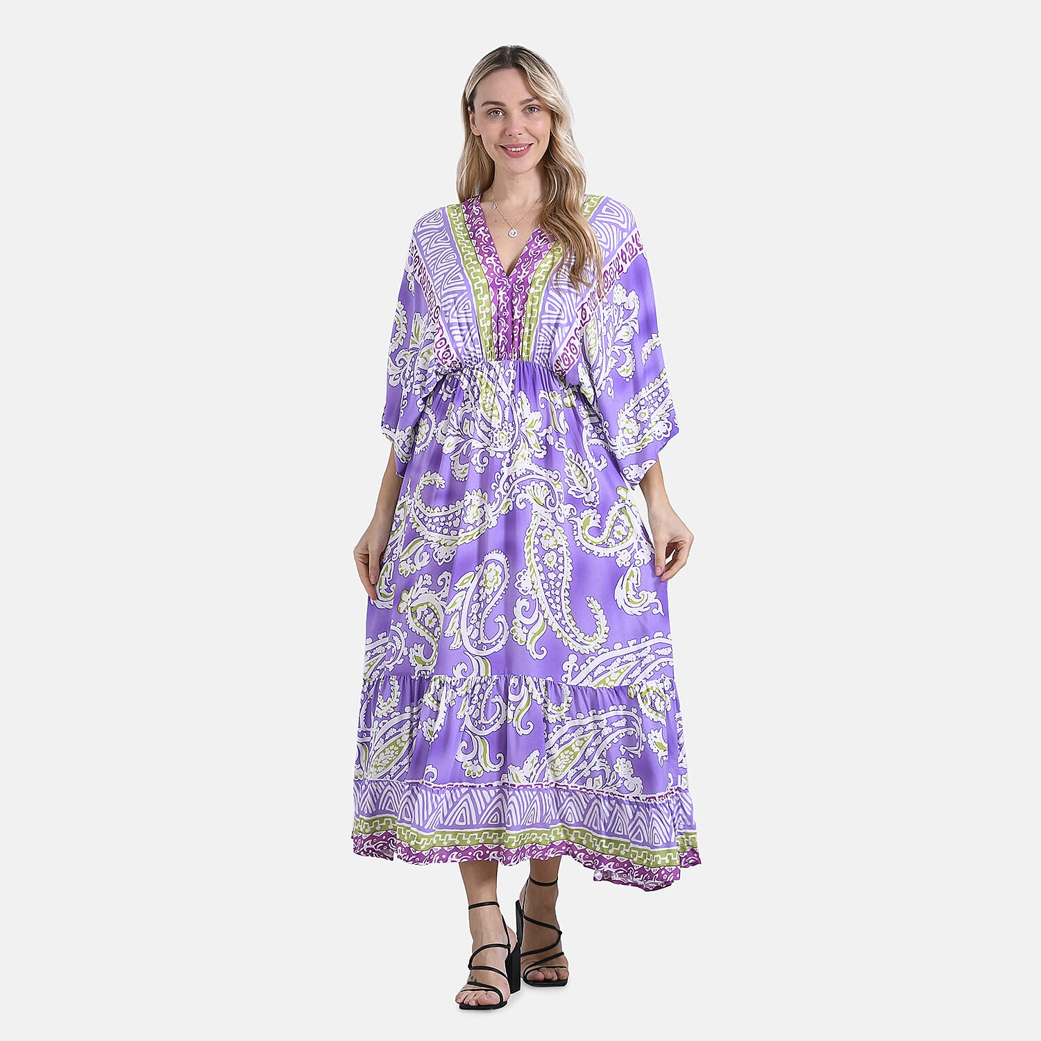- Maisi Bohemian Paisley Mixed Print V-Neck Maxi Dress (One Size) - Light Purple
