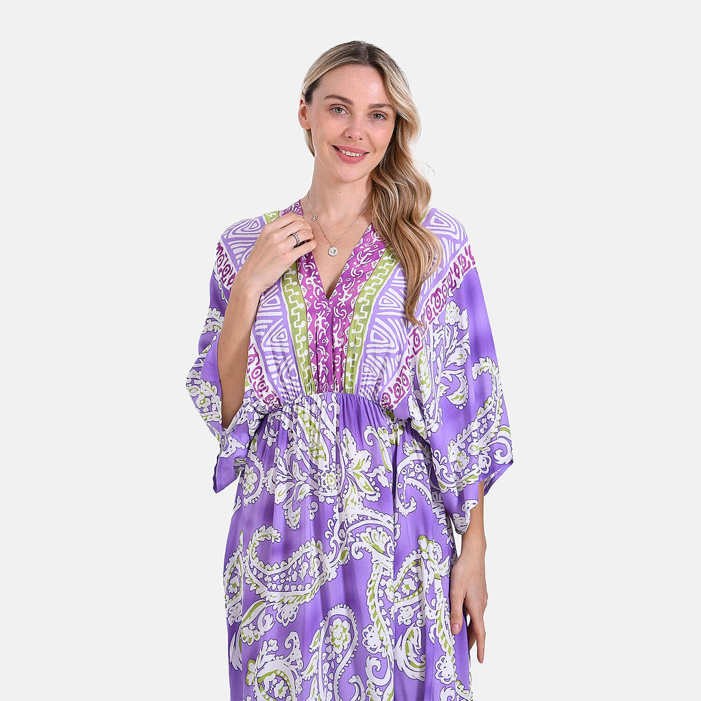 - Maisi Bohemian Paisley Mixed Print V-Neck Maxi Dress (One Size) - Light Purple