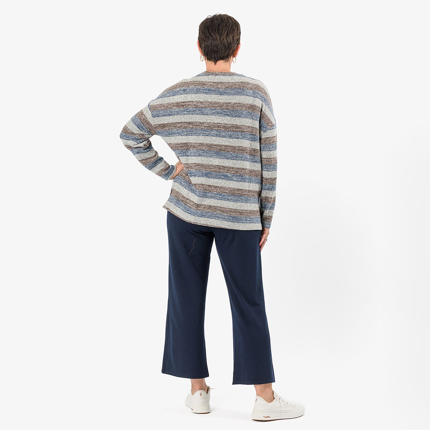 - Maisi Cashmere-Feel Stripe Top (Size L) - Blue