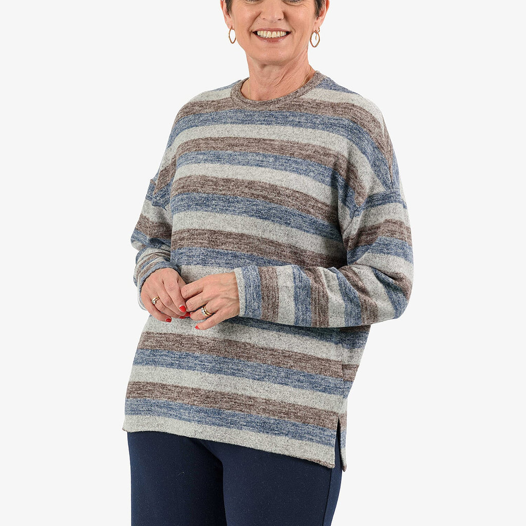 - Maisi Cashmere-Feel Stripe Top (Size L) - Blue