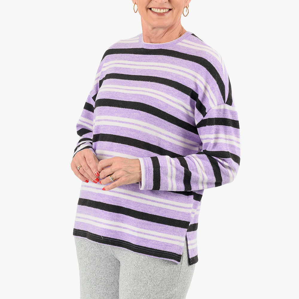 - Maisi Cashmere-Feel Stripe Top (Size L) - Purple