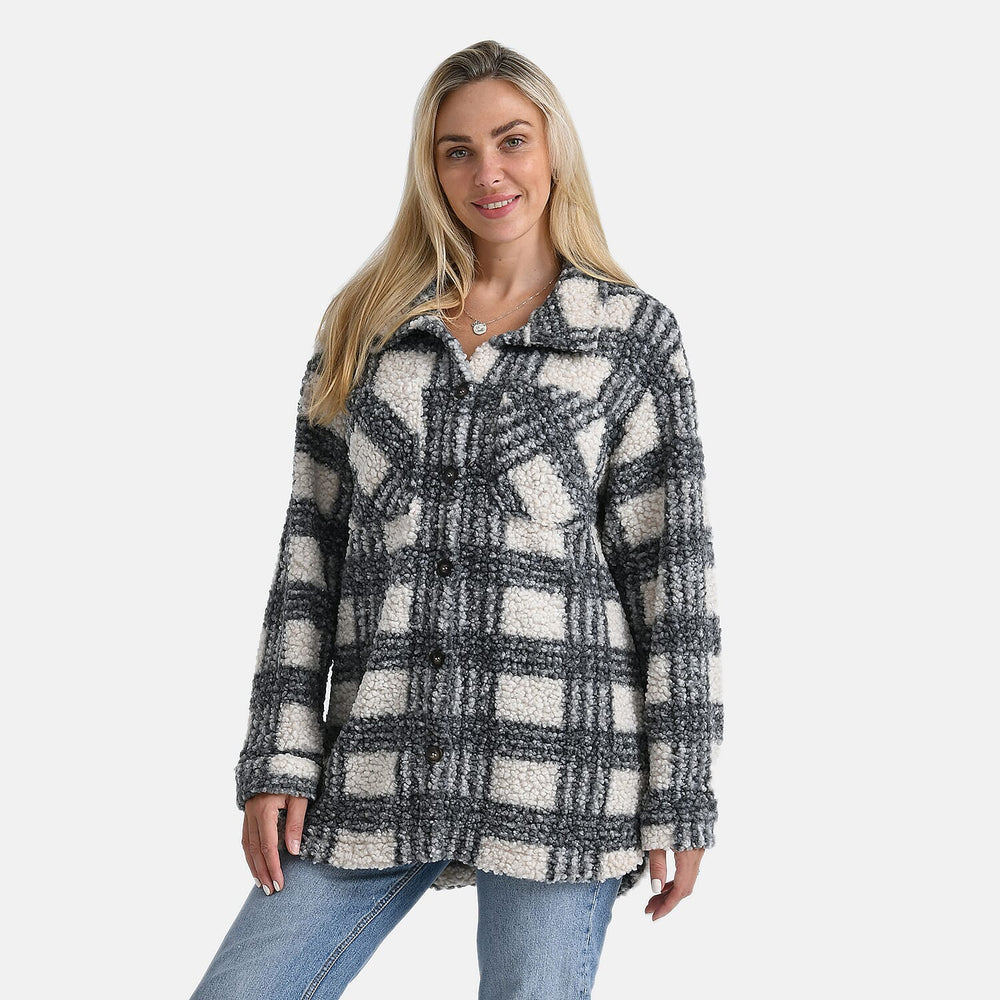 - Maisi Long Checked Shacket (Size L) - Off White - Grey
