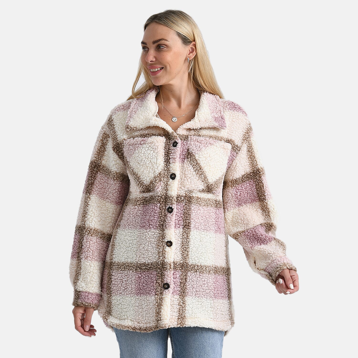 - Maisi Long Checked Shacket (Size L) - Pink, Brown - Ivory