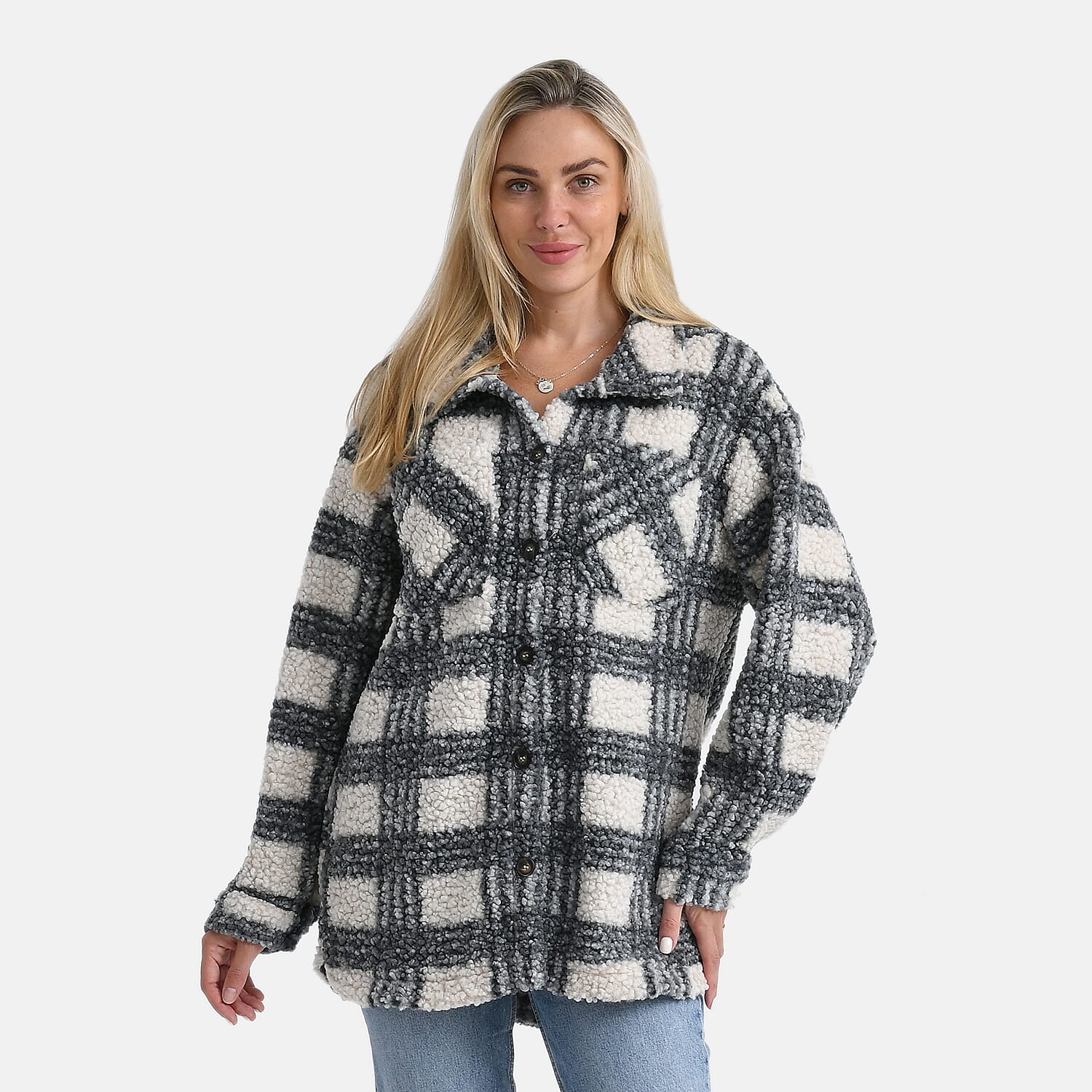 - Maisi Long Checked Shacket (Size M) - Off White - Grey