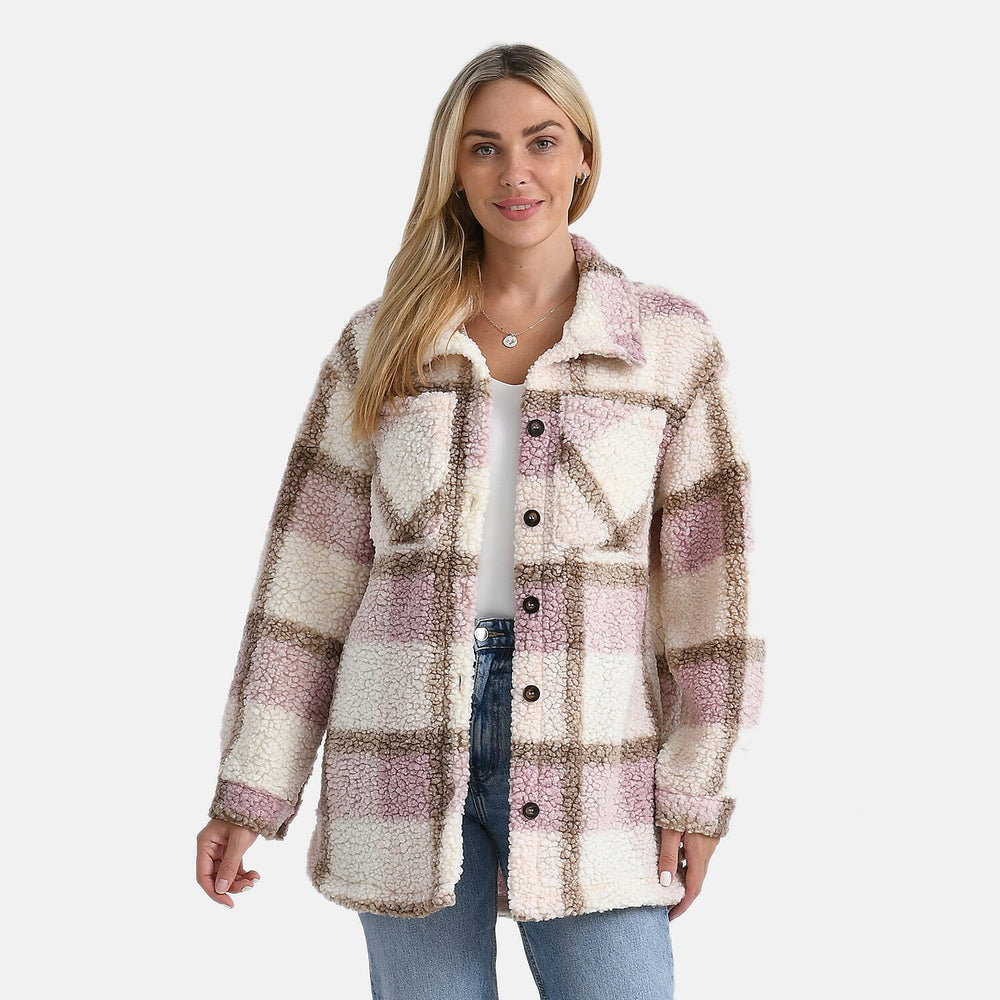 - Maisi Long Checked Shacket (Size M) - Pink, Brown - Ivory