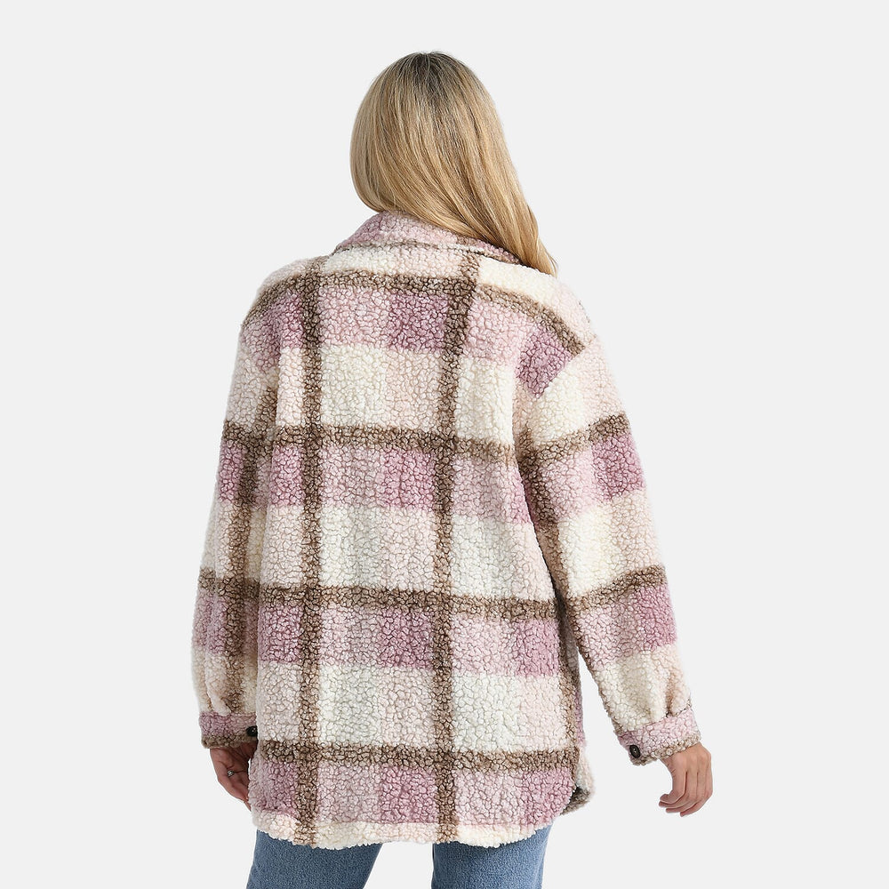 - Maisi Long Checked Shacket (Size M) - Pink, Brown - Ivory