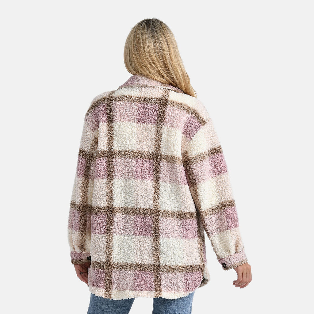 - Maisi Long Checked Shacket (Size M) - Pink, Brown - Ivory