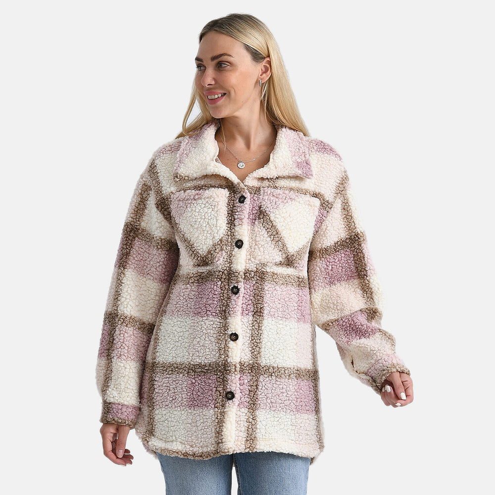 - Maisi Long Checked Shacket (Size M) - Pink, Brown - Ivory