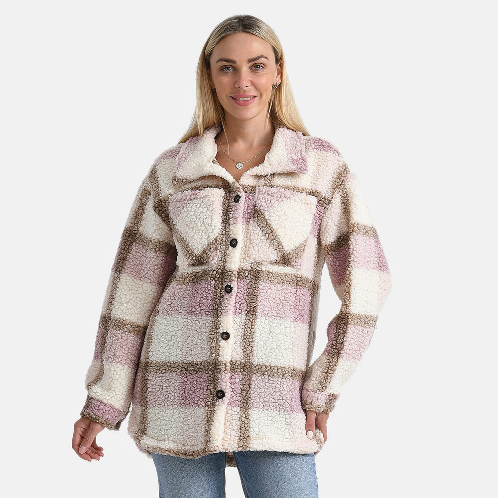 - Maisi Long Checked Shacket (Size M) - Pink, Brown - Ivory