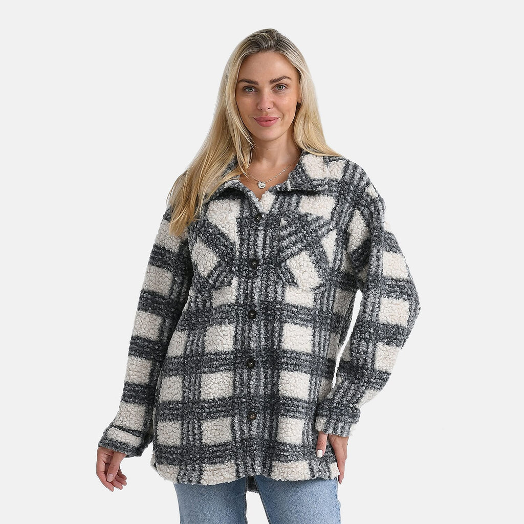 - Maisi Long Checked Shacket (Size S) - Off White - Grey