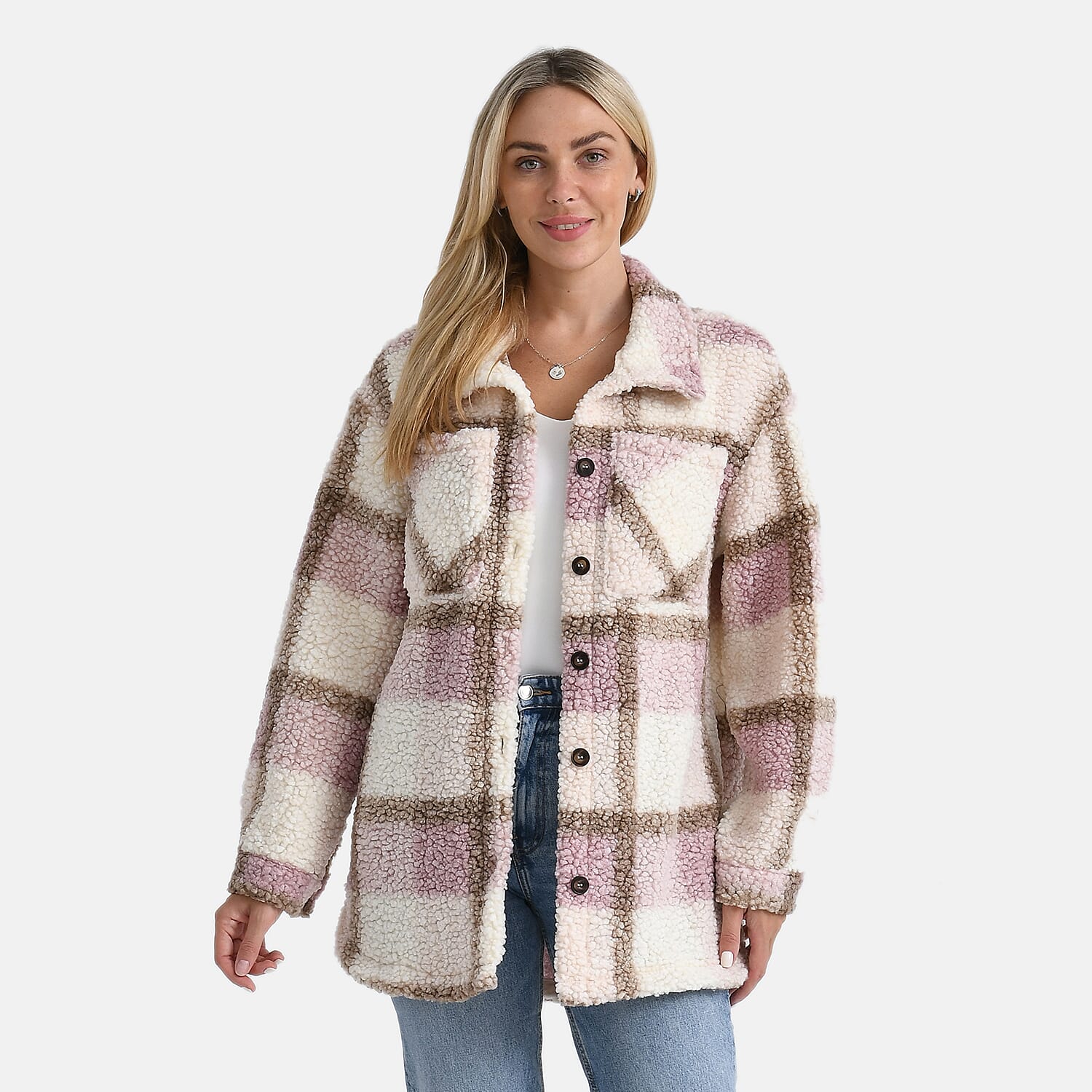 - Maisi Long Checked Shacket (Size S) - Pink, Brown - Ivory