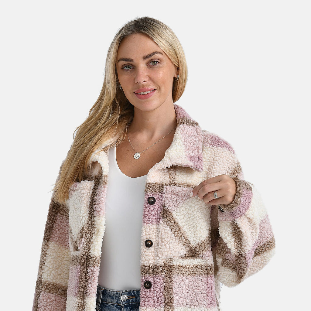 - Maisi Long Checked Shacket (Size XL) - Pink, Brown - Ivory