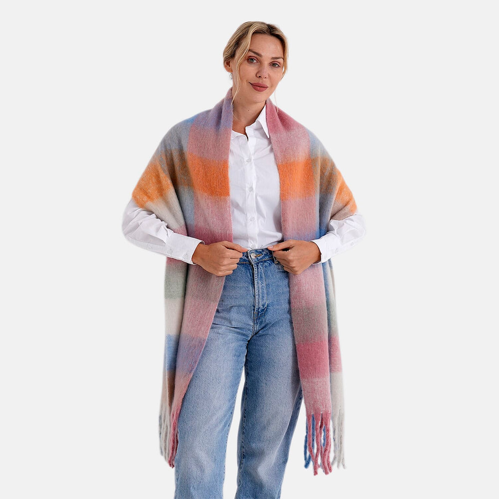- Maisi Multicoloured Soft Checkered Tassel Scarf (190 x 40 cm) - Light Blue