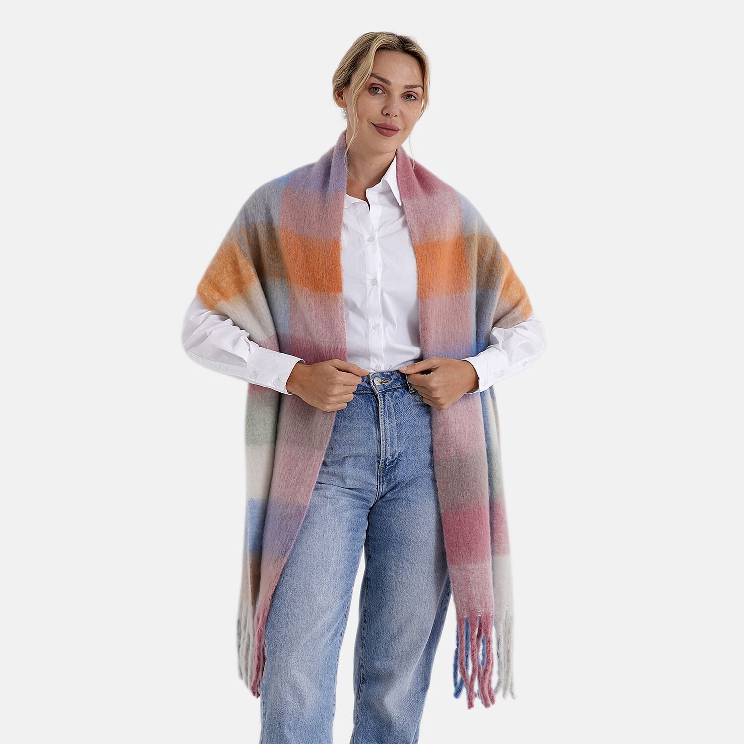 - Maisi Multicoloured Soft Checkered Tassel Scarf (190 x 40 cm) - Light Blue