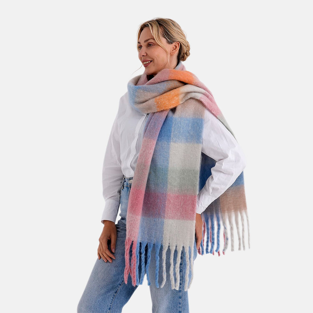 - Maisi Multicoloured Soft Checkered Tassel Scarf (190 x 40 cm) - Light Blue