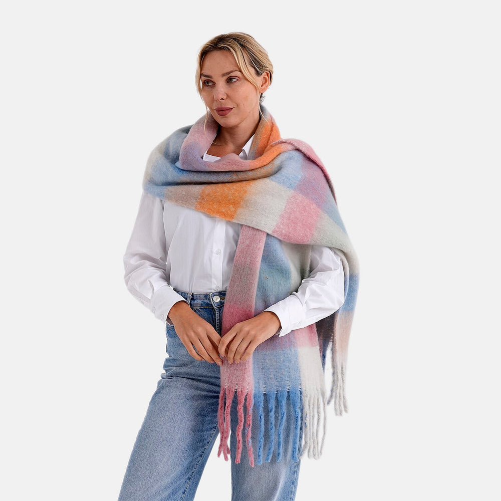 - Maisi Multicoloured Soft Checkered Tassel Scarf (190 x 40 cm) - Light Blue