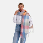 - Maisi Multicoloured Soft Checkered Tassel Scarf (190 x 40 cm) - Light Blue