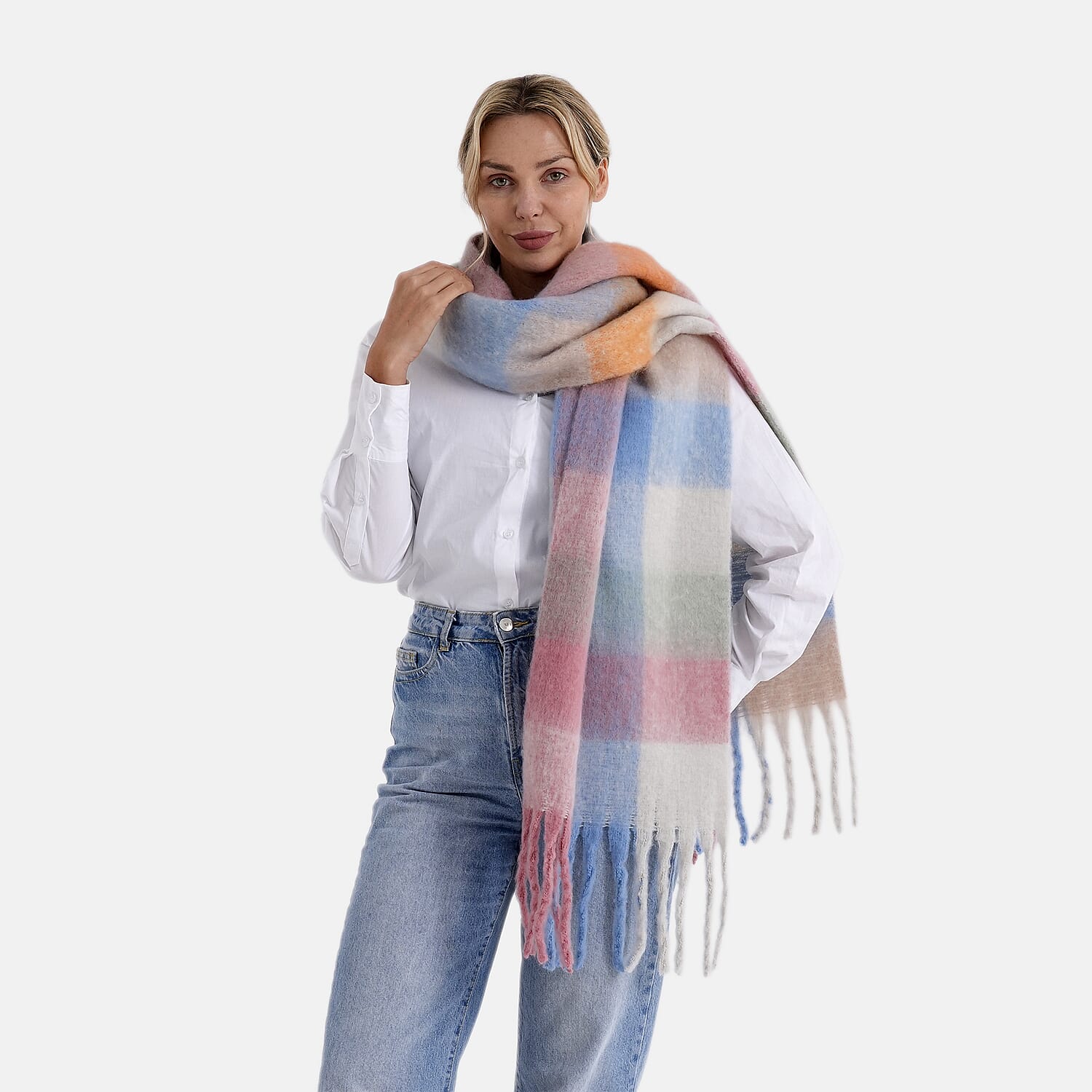 - Maisi Multicoloured Soft Checkered Tassel Scarf (190 x 40 cm) - Light Blue