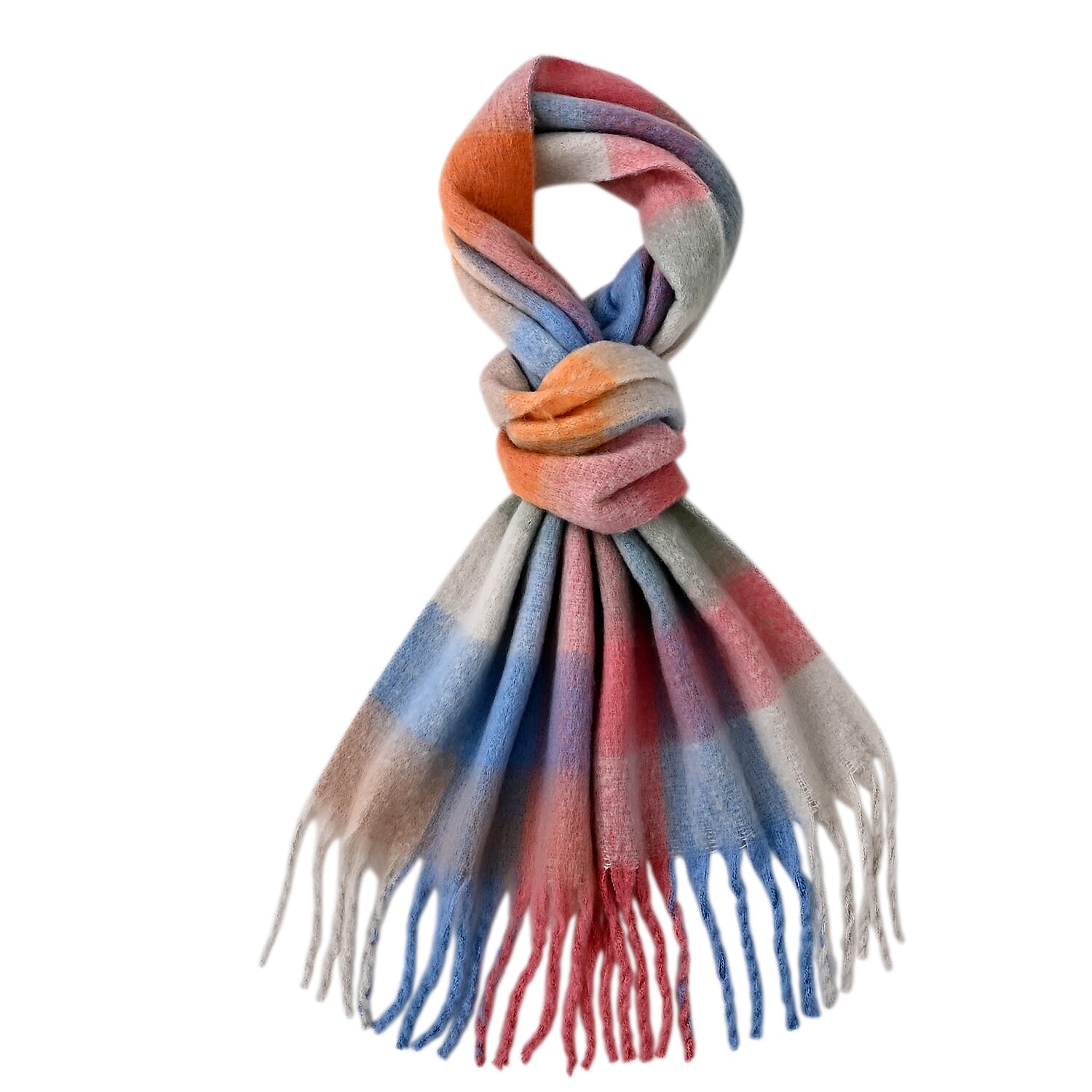- Maisi Multicoloured Soft Checkered Tassel Scarf (190 x 40 cm) - Light Blue