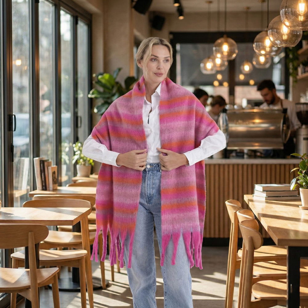 - Maisi Multicoloured Layer Pattern Tassel Scarf (190 x 40 cm) - Pink