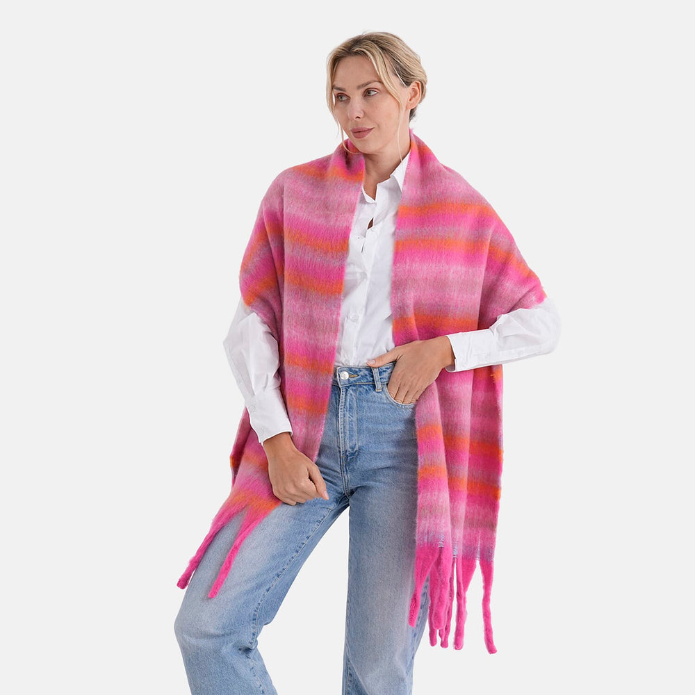 - Maisi Multicoloured Layer Pattern Tassel Scarf (190 x 40 cm) - Pink