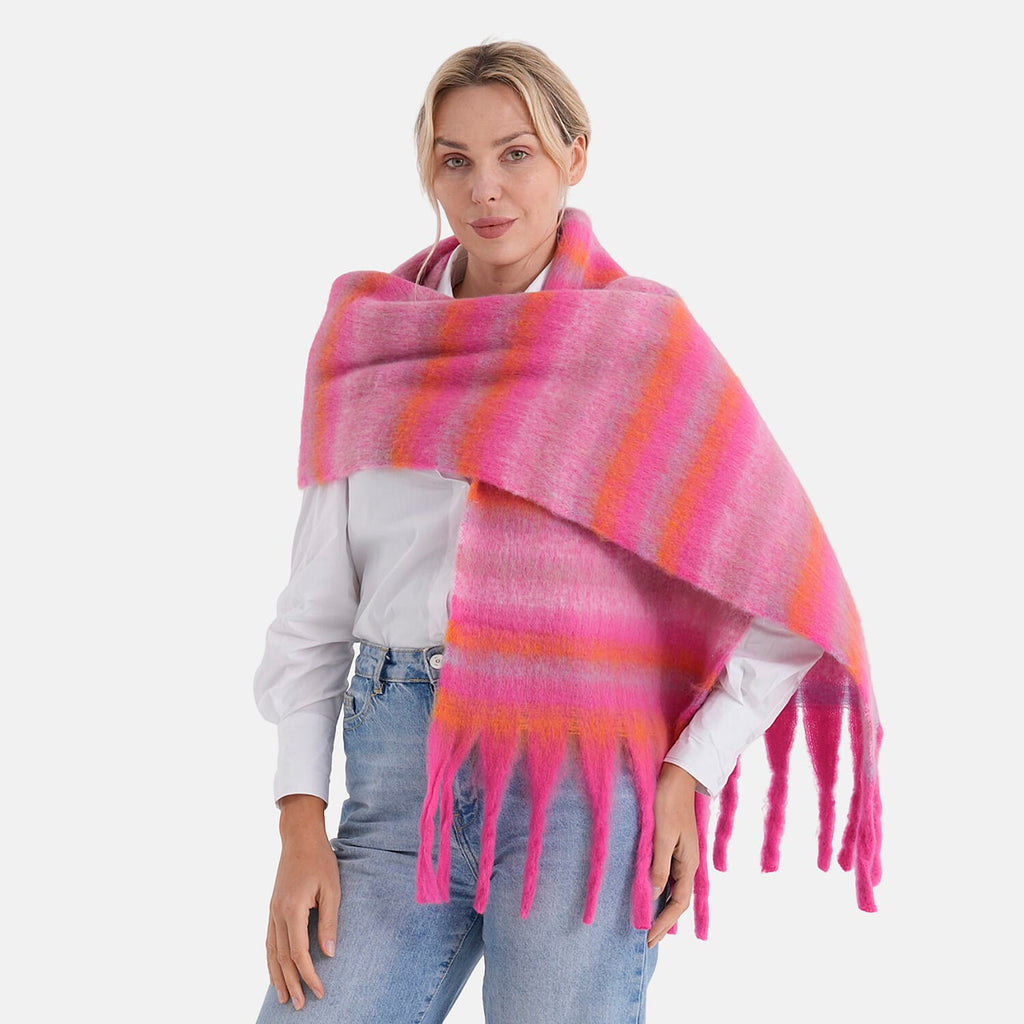 - Maisi Multicoloured Layer Pattern Tassel Scarf (190 x 40 cm) - Pink