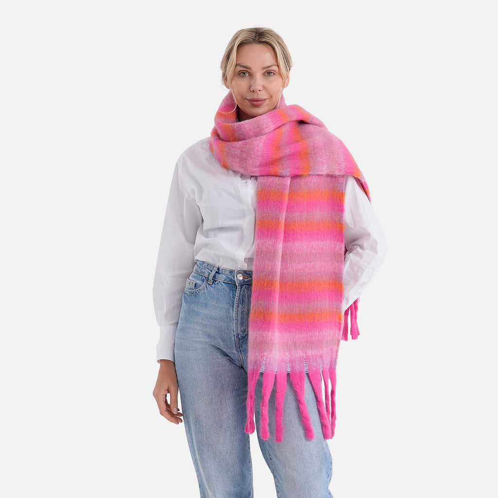- Maisi Multicoloured Layer Pattern Tassel Scarf (190 x 40 cm) - Pink