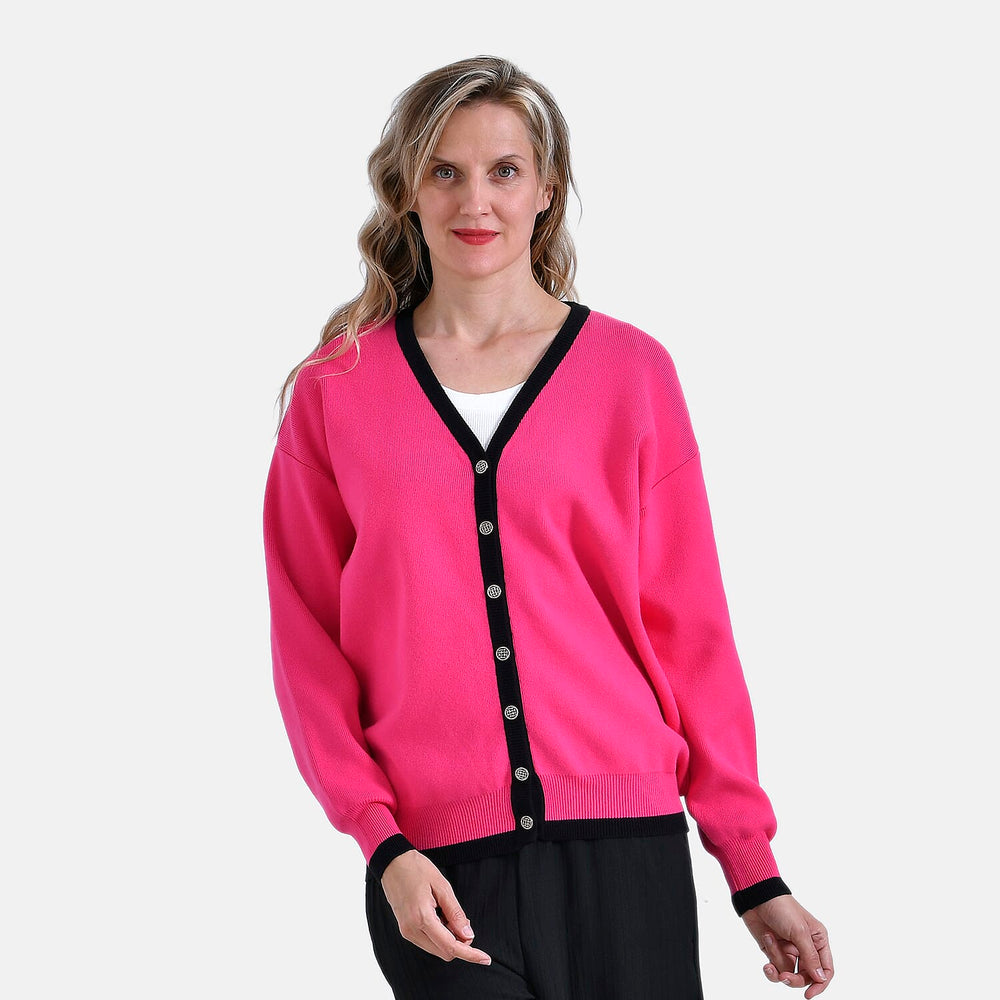 - Maisi Classic V-Neck Button Up Knitted Cardigan (Size S) - Pink - Black