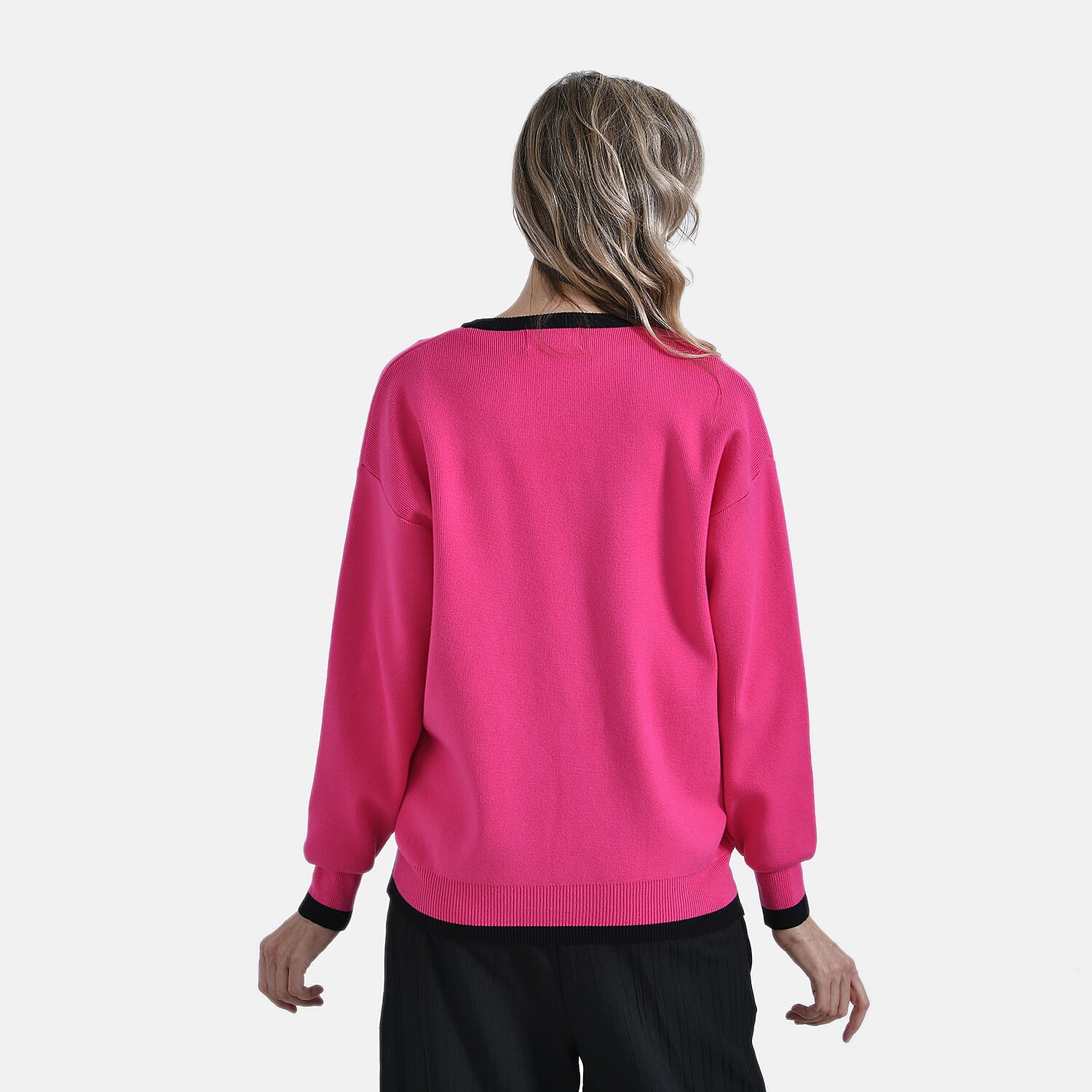 - Maisi Classic V-Neck Button Up Knitted Cardigan (Size S) - Pink - Black