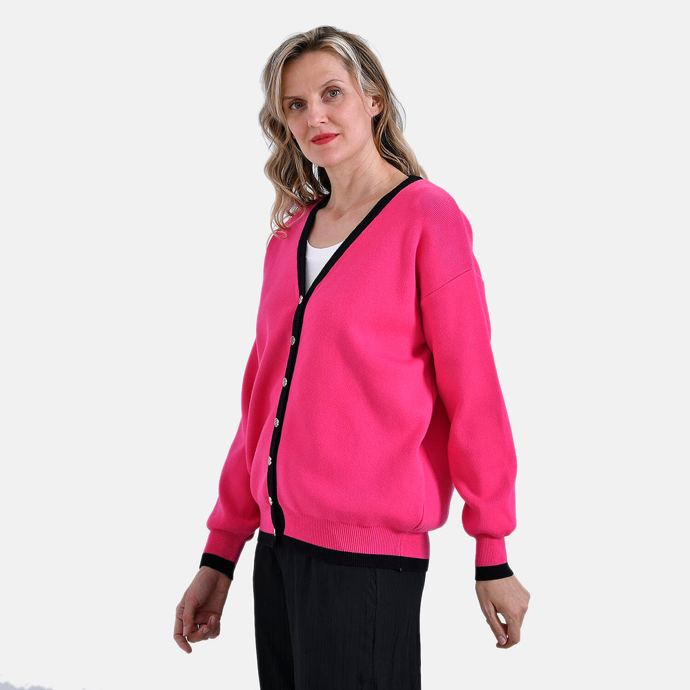- Maisi Classic V-Neck Button Up Knitted Cardigan (Size S) - Pink - Black
