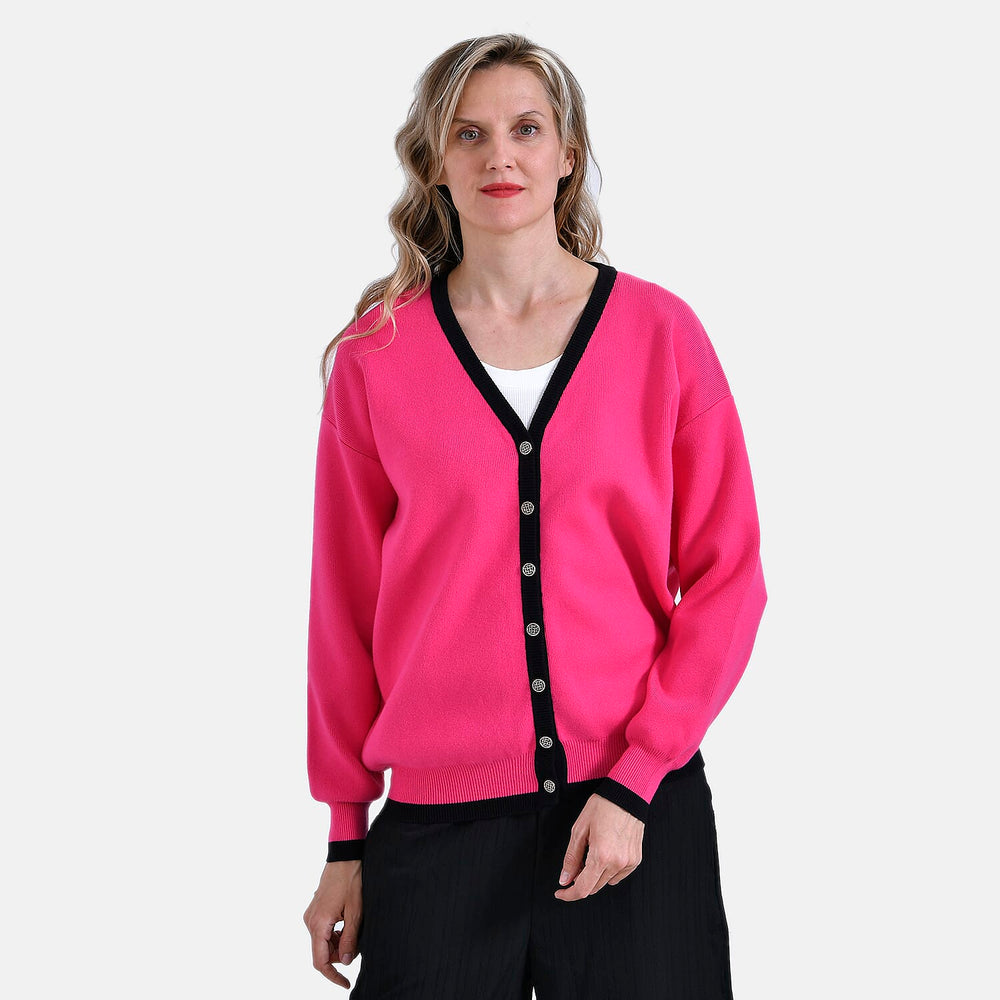 - Maisi Classic V-Neck Button Up Knitted Cardigan (Size S) - Pink - Black