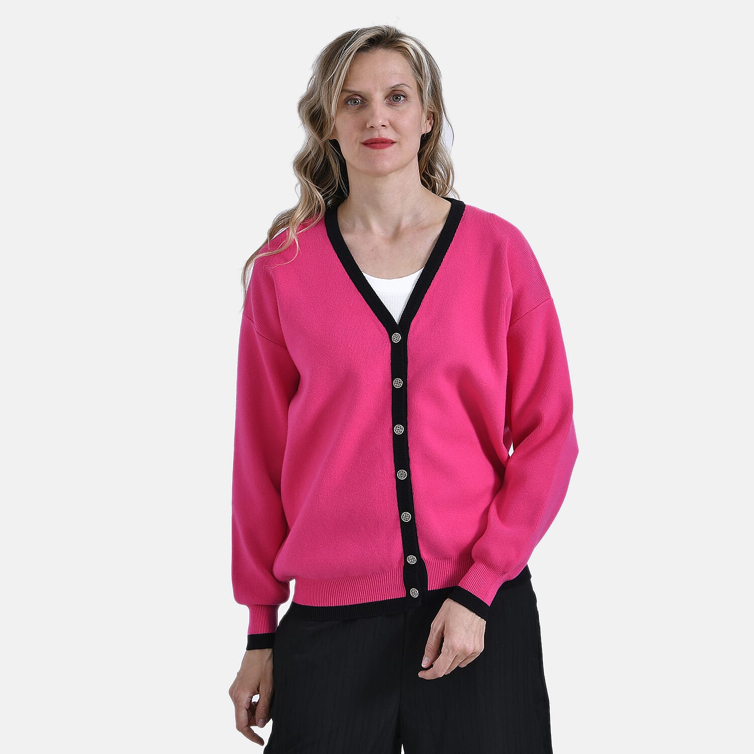 - Maisi Classic V-Neck Button Up Knitted Cardigan (Size S) - Pink - Black